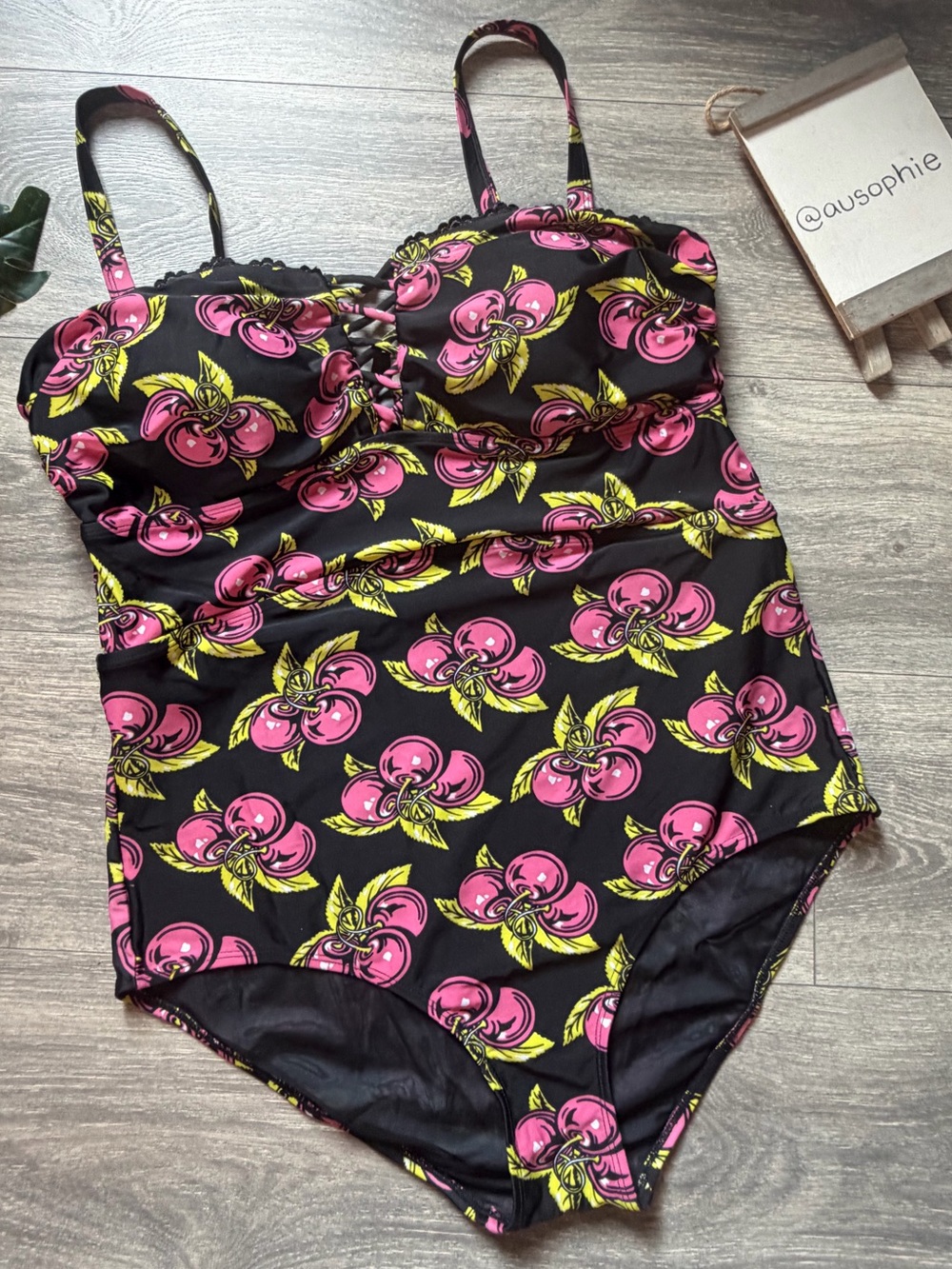 Torrid X Betsey Johnson Graphic Cherry & Black Lace Up Pin Up Swimsuit Size 2X
